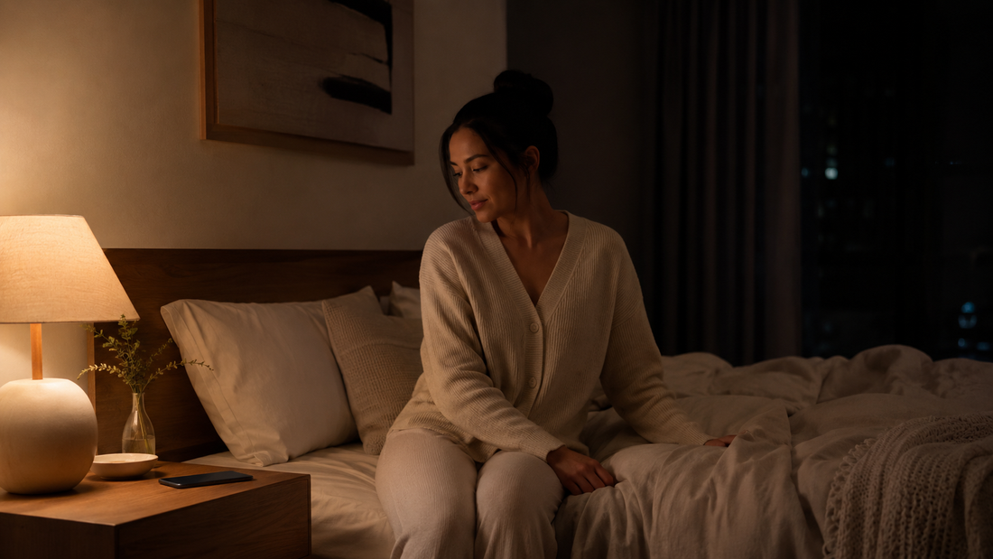 Woman winding down for bed with phone face down following a sleep hygiene routine