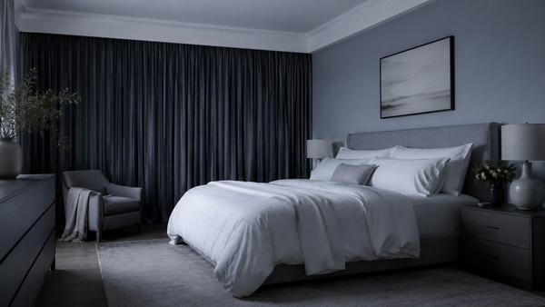 Optimized sleep sanctuary bedroom with blackout curtains and minimal design for better sleep